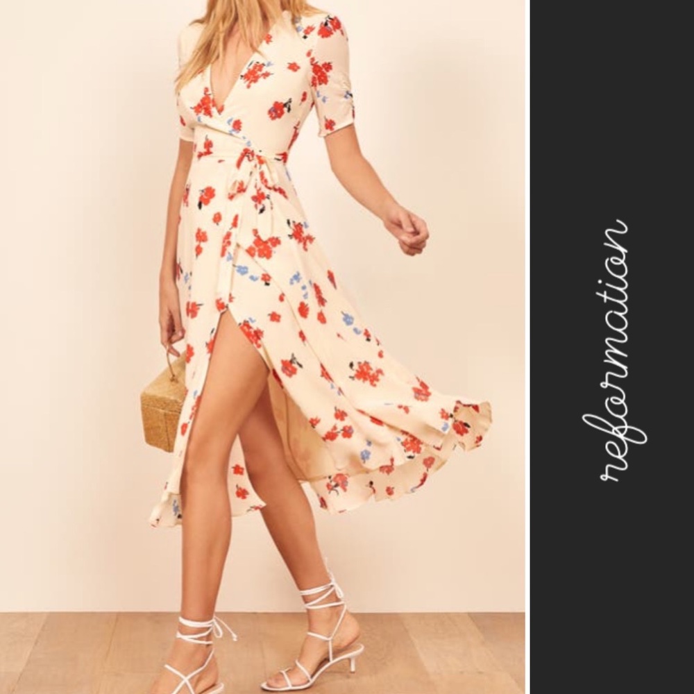 Reformation Napa Wrap Floral Midi Dress Cream • M